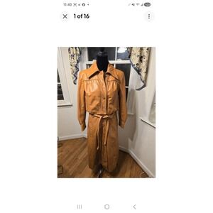 Vintage Tan Leather Trench Coat Womens Long Belted Button Up Classic Style Sz‎ 8